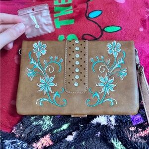 Elegant Floral Embroidered Brown Clutch